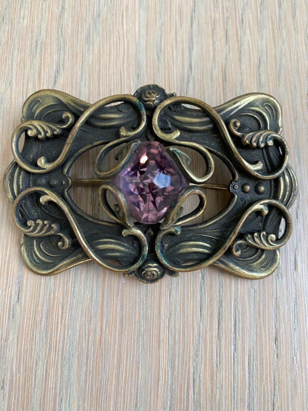 Antique Victorian Art Nouveau Amethyst Glass Jeweled Sash Pin